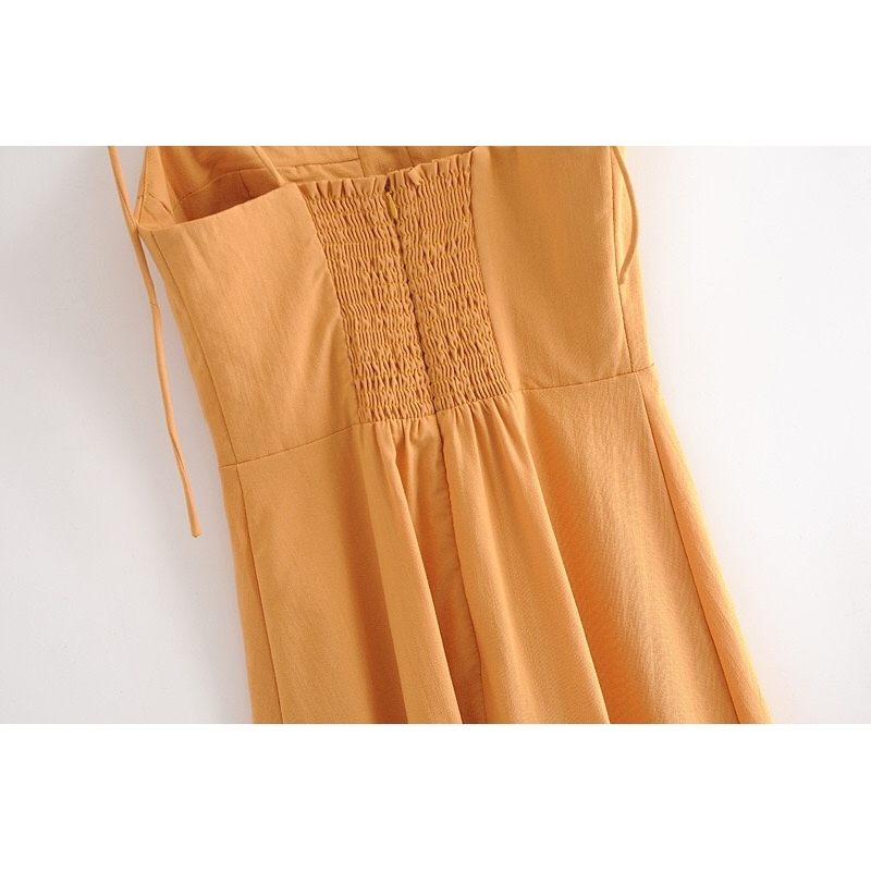 French Solid Orange Bandage Spaghetti Strap Midi Dress Retro Sexy Women Lacing Up Sling Slit Summer Vestido 210429