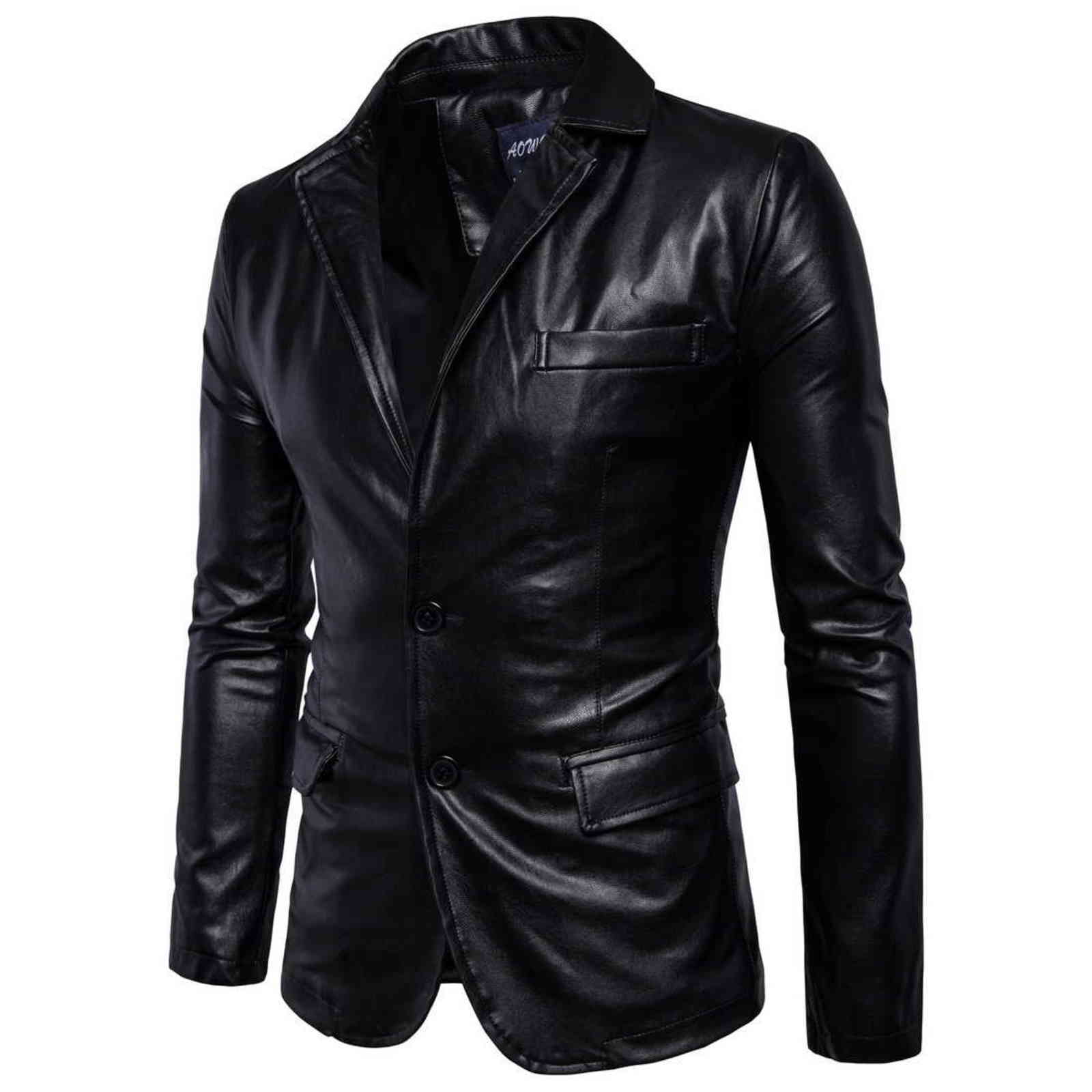 Mens Leather Jackets 2 Button Formal Dress Suits Fashion Man Blazers Black Brown Solid Motorcycle Coat Suede Jacket Male 211111