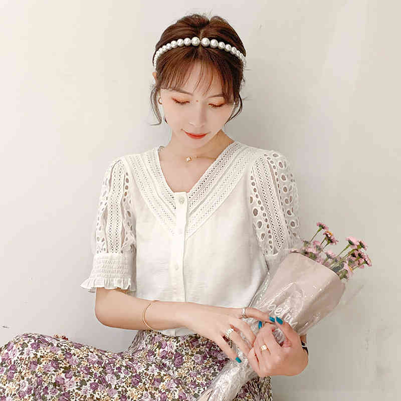 Blusas Mujer Summer V-neck Chiffon Shirt Casual Short Sleeve White Women Blouse And Tops Hollow Out Clothing 9556 210415