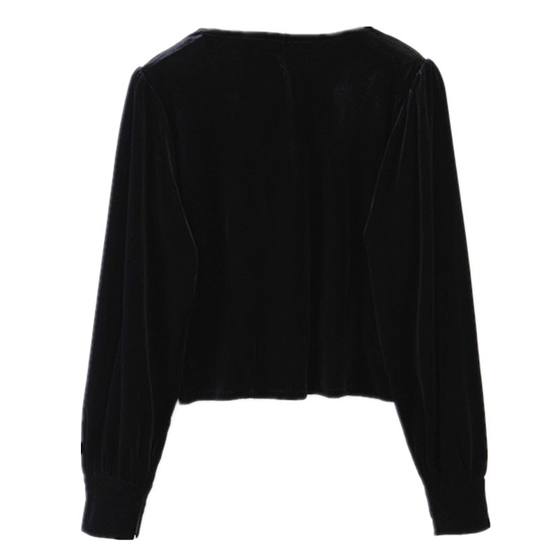 French Black Velvet Shirt Retro Woman V neck Slim Waist Single-breasted Long sleeve Blouse Velour Tops Blousas 210429