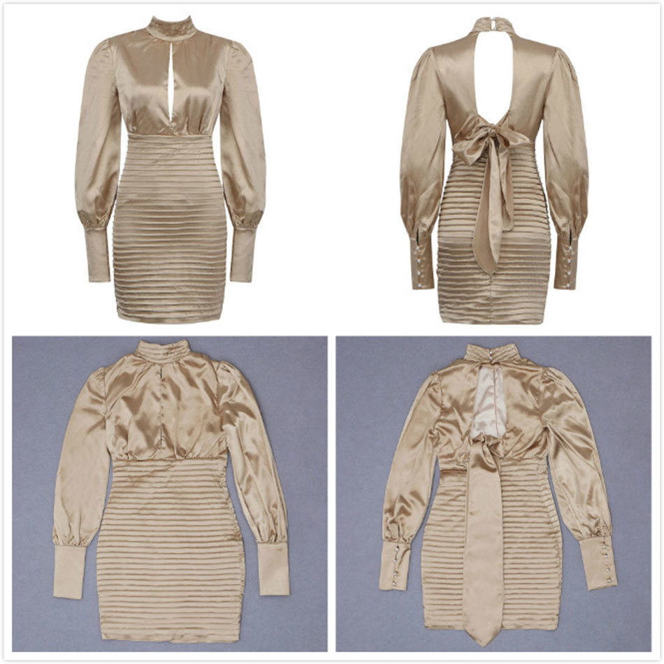 Free Autumn Women's Dresses Gold Sexy High Neck Lantern Sleeve Bodycon Halter Lace-Up Dress Club Party 210524