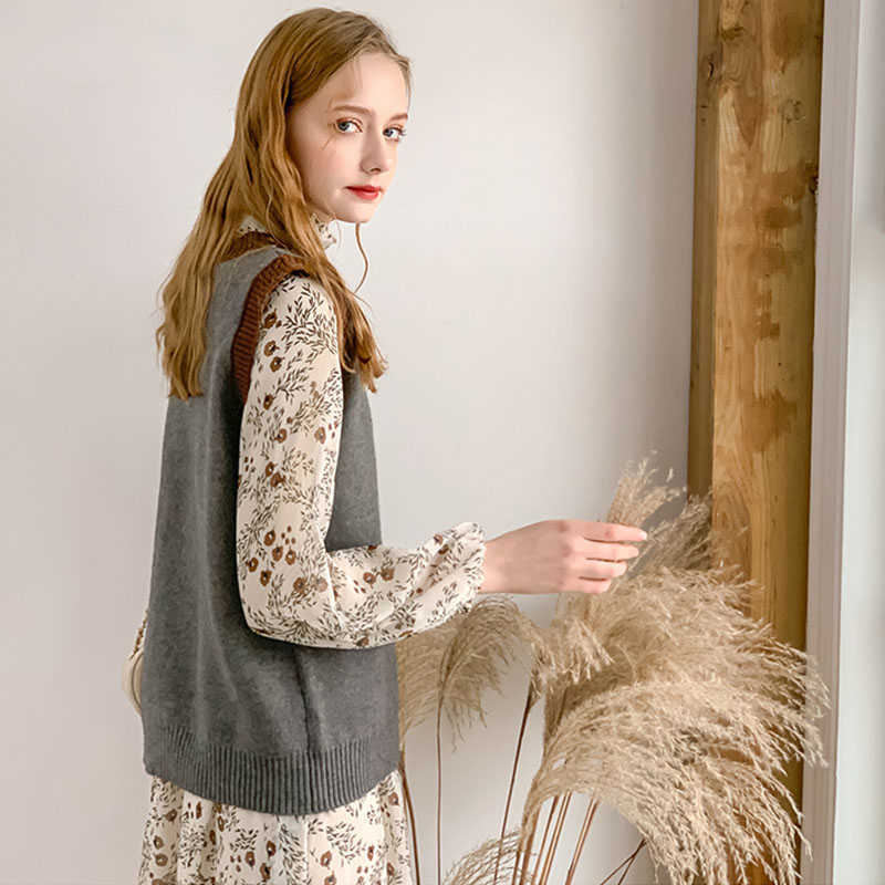 LY VAREY LIN Autumn Sweater Dress Two Piece Set Elegant Floral Print Stand Collar Long Sleeve Loose Ladies Streetwear 210526