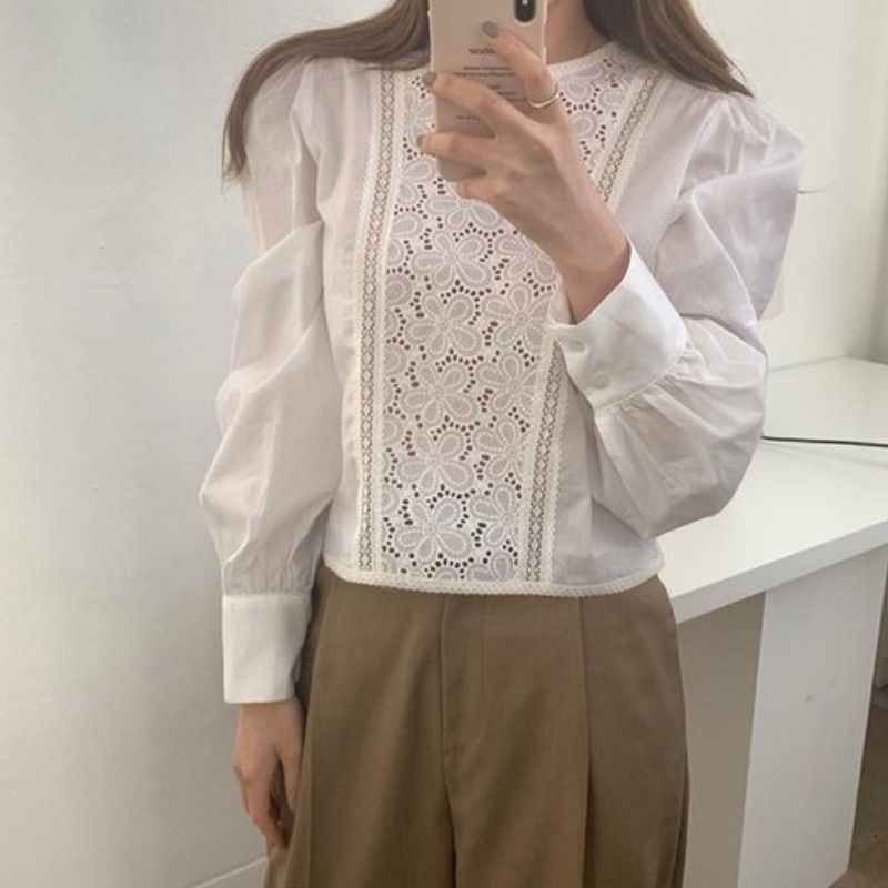 Fashion Hollow Out Lantern Sleeve Female Shirt Office O Neck Floral Women Blouse Spring White Shirts Clothing 13271 210508