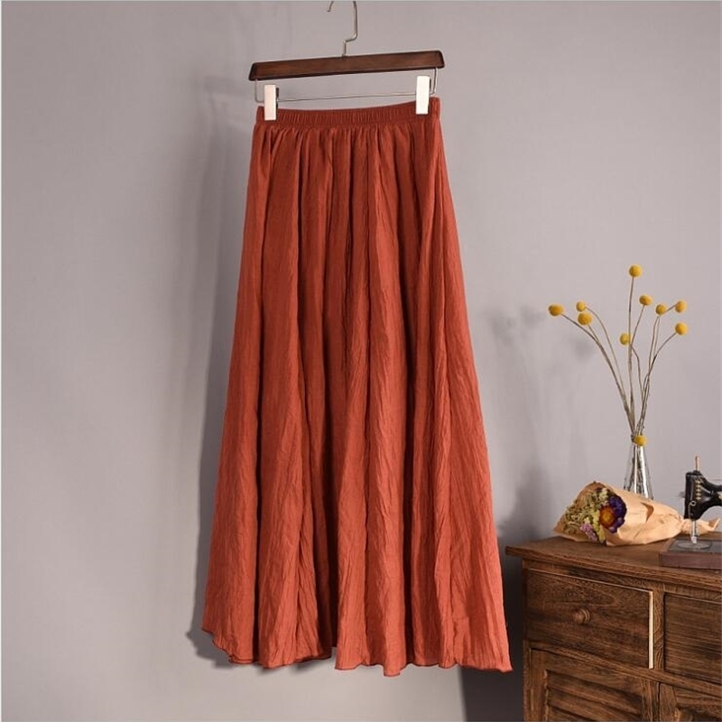 Cotton Linen Maxi Skirt Women Spring Summer Elastic Waist Vintage Solid Pleated Long Skirts Mori Girl Boho Beach Skirt QH1755 210407