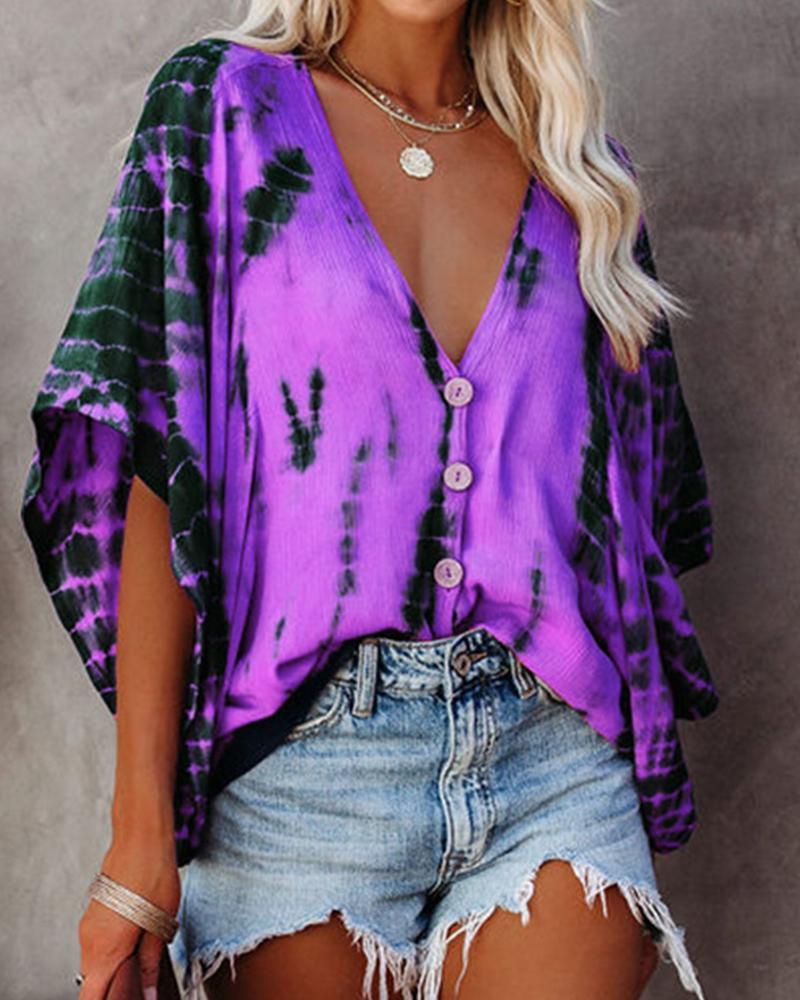 Spring Summer Women's Plus Size Tie-dye Print Blouse New Femme Casual Bat Sleeve Top Ladies V-Neck Button Front Sexy Wear 210415