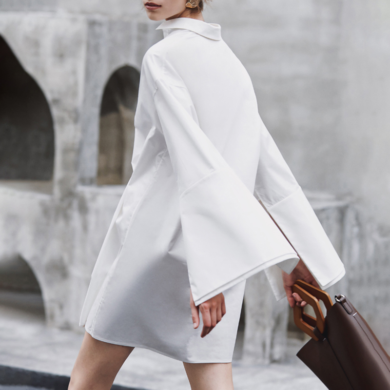 Free Autumn Women White Long Shirt Dress Sexy Lapel Sleeve Single Breasted Party Mini Vestidos 210524