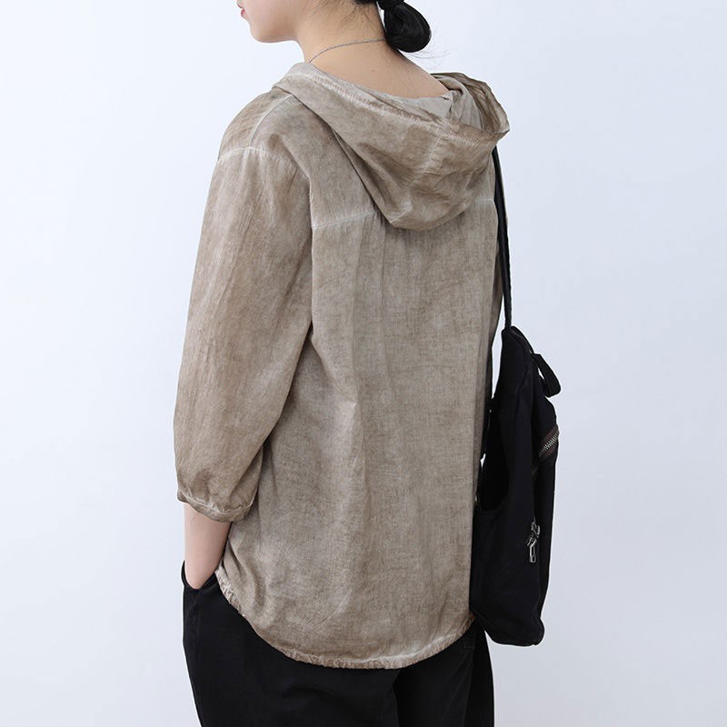 Summer Arts Style Women 3/4 Sleeve Thin Loose Short Jackets Coats All-matched Casual Hooded Linen Coat M254 210512