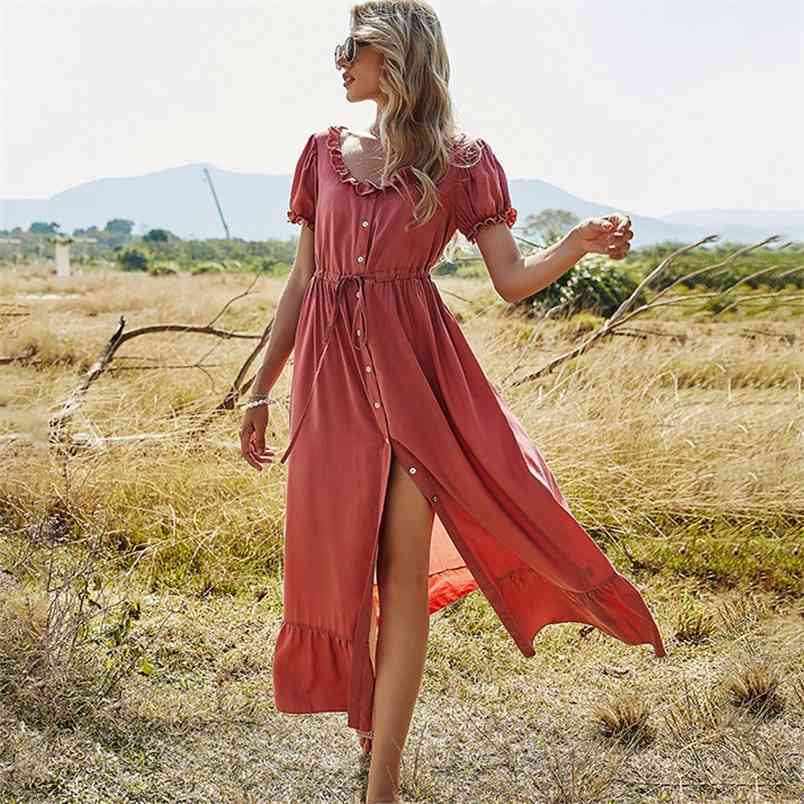 Summer Beach Maxi Dress Women Ruffle Short Sleeve Lace Up Button Boho Long Casual O-Neck Split Sexy Party Robe Femme 210522