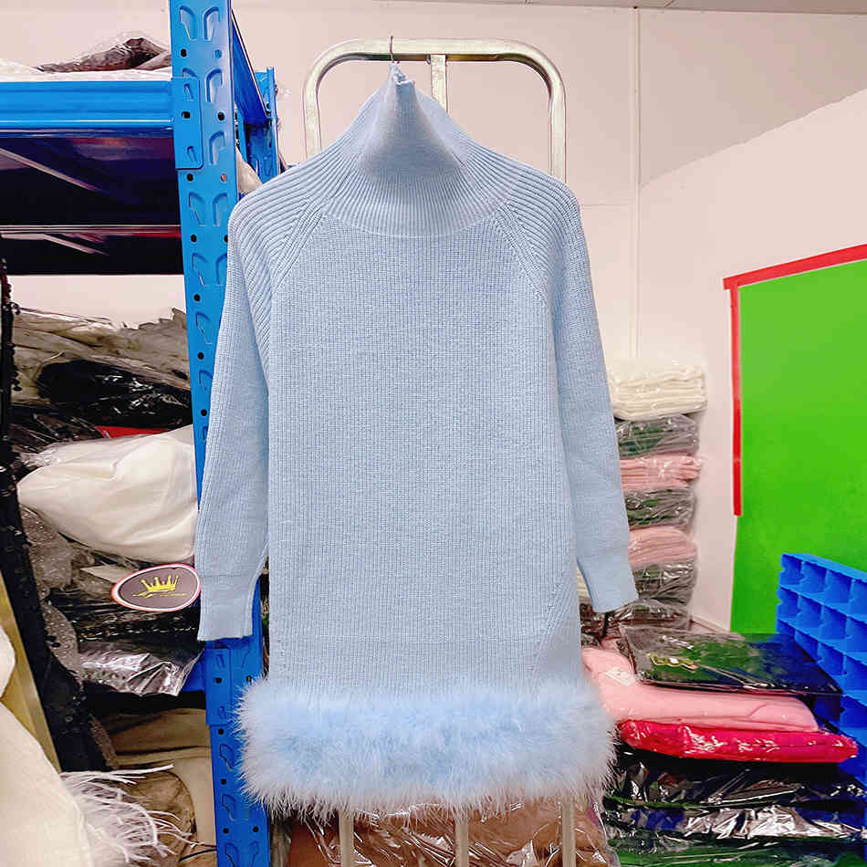 Free Turtleneck Knit Sweater Dress Women Winter Long Sleeve Stitching Feather Bodycon 210524