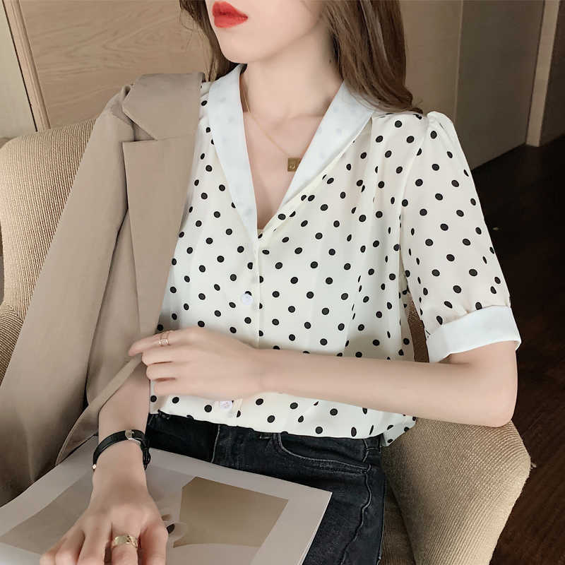 Polka Dot Chiffon Shirt Women Summer Fashion V-Neck Korean Elegant Slim Black Plus Size Top Blouse Ladies 210601