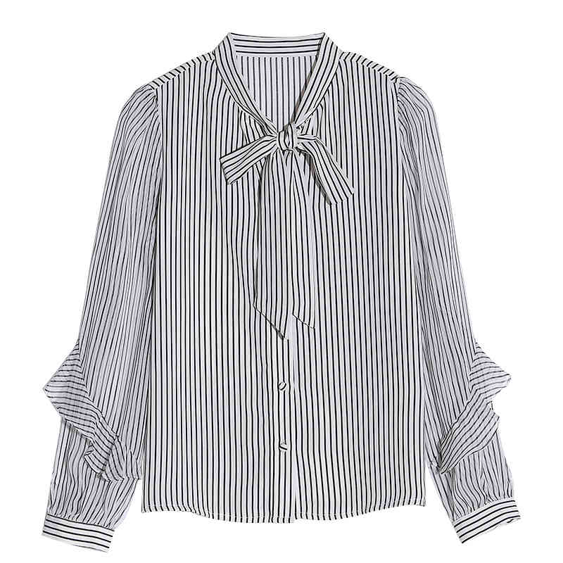 Vintage Blouse Women Female Loose Spring Long Sleeve striped Ruffled Bow Korean Chiffon Fashion Blouses Shirt 660A 210420