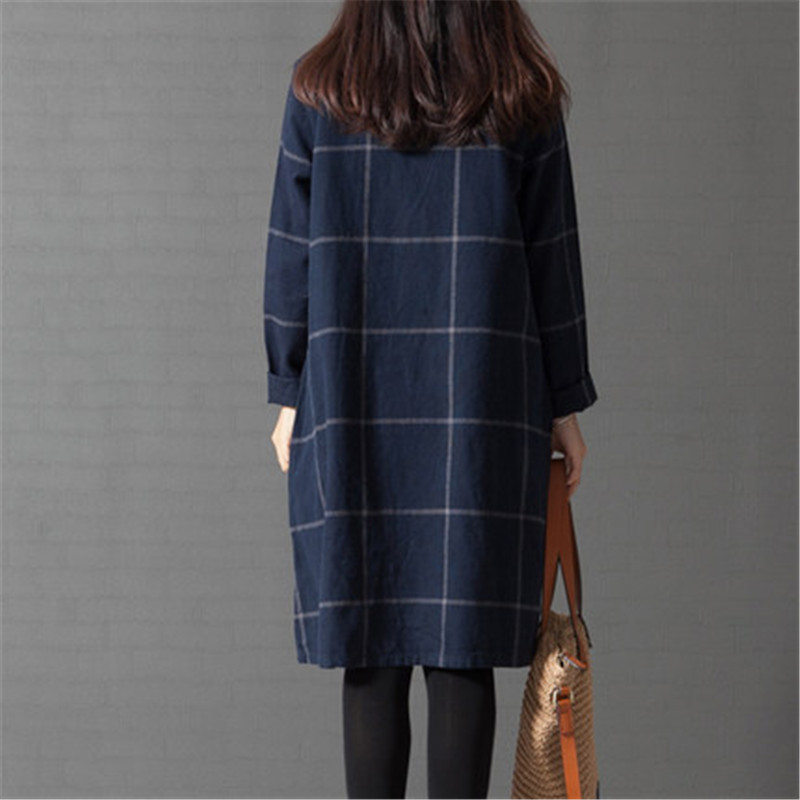 arrival Long Sleeve plaid Loose Cotton Linen Women Dress Spring and Autumn Dreeses Korean style 210514