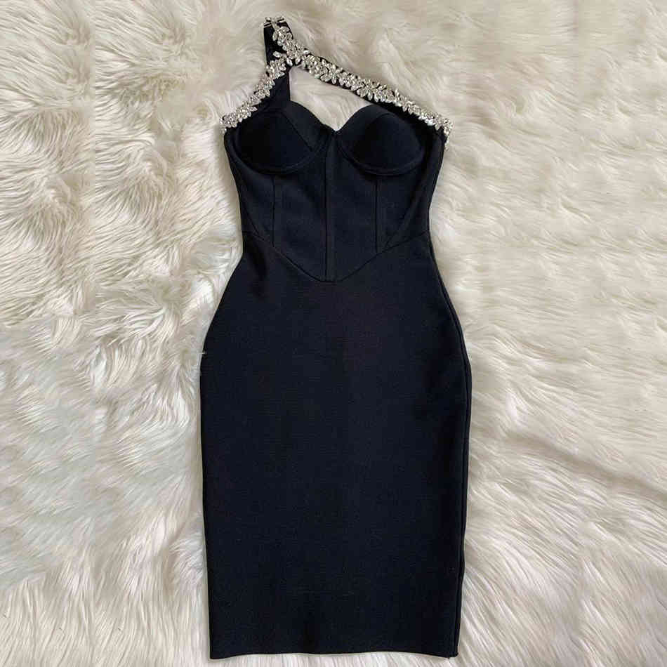 Free High Quality Black One Shoulder Sparkly Beading Rayon Bandage Dress Elegant Cocktail Party Vestidos 210524