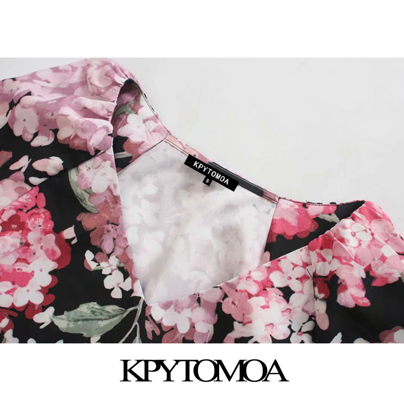 Women Chic Fashion Floral Print Pleated Midi Dress V Neck Puff Sleeve Female Dresses Vestidos Mujer 210420