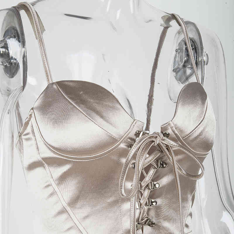 NewAsia Corset-style Lace Up Club Dress Women Summer Sexy Padded Bra Satin Dress Woman Party Night Elegant Dress Champagne 210409