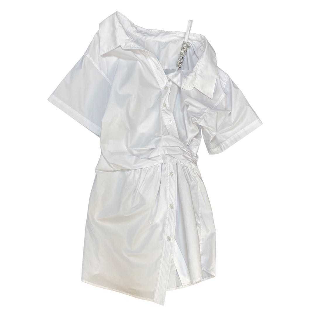 DEAT Spring Summer Fashion Casua Lapel Off Shoulder Short Sleeve Loose Diamond Letter Shirt Dress Women SJ974 210709