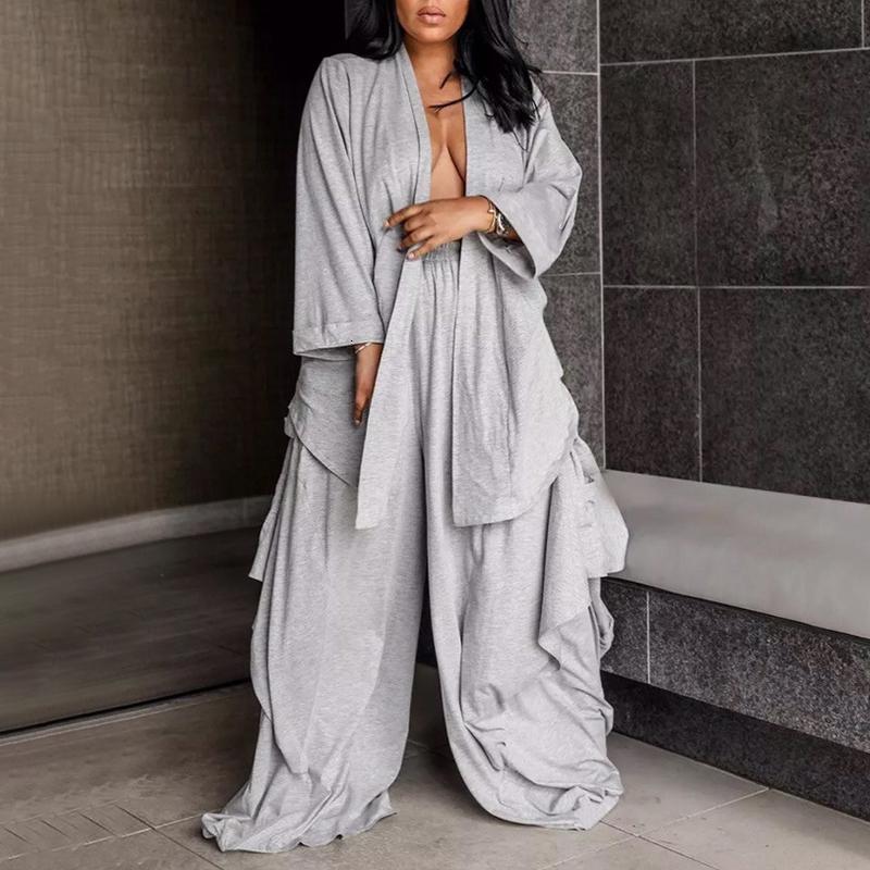 Sexy Casual Two Piece Set Women V Neck Long Sleeve Shirt High Waist Ruffle Pants Female Suits 2021 Autumn Fashion Dress