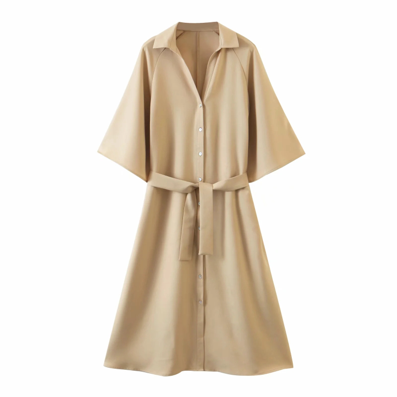 elegant women beige long dress fashion ladies vintage turn down collar es casual female chic girls 210430