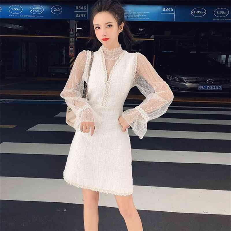 Autumn Winter 2 Piece Set Women Elegant Sweet Flare Sleeve Mesh Shirt Top + Beading Sleeveless Tweed Party Dress 210519