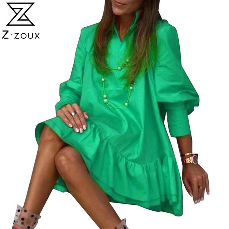 Women Dress Stand Collar Lantern Sleeve Bohemian es Ruffles Loose Casual Mini Large Hem Beach es Summer 210513