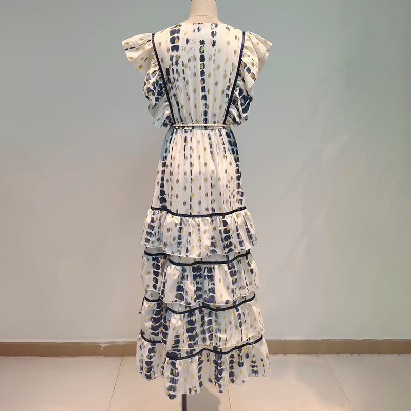 VGH Print Vintage Dress For Women V Neck Sleeveless High Waist Patchwork Ruffle Lace Up Dresses Female Fashion Clothing 210421