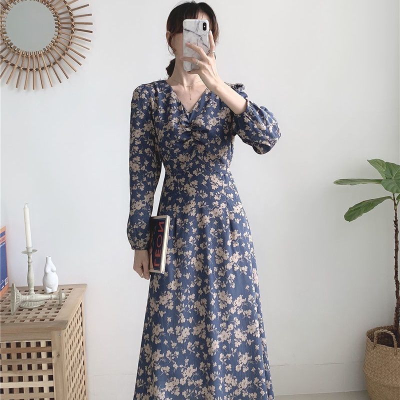 Fashion Spring Autumn Women Floral Printed Chiffon Maxi Dresses Female Long Sleeve V-neck Elegant Dress Mujer Vestidos 210514