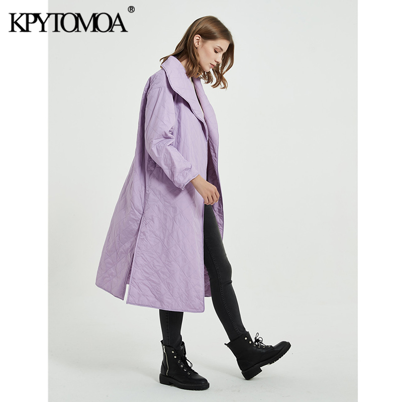 Women Fashion With Belt Loose Parkas Wrap Padded Coat Long Sleeve Side Vents Female Outerwear Chic Overcoat 210420