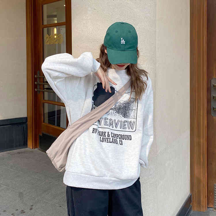 autumn winter korean style Women grey Sweatshirts Long Sleeve letter print thick Sweatshirt Womens pullovers (F4129) 210423