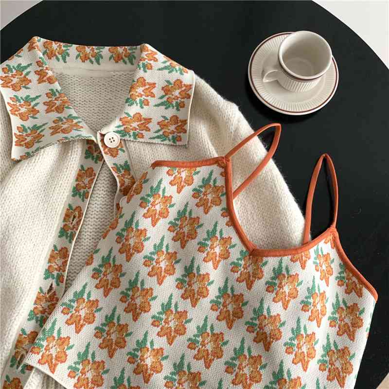 Sweaters Jumpers Floral Print Camisole Sexy Tops Retro Fashion Sweet Long Sleeve Peter Pan Collar Cardigan Flower Knitted Jacket 210429