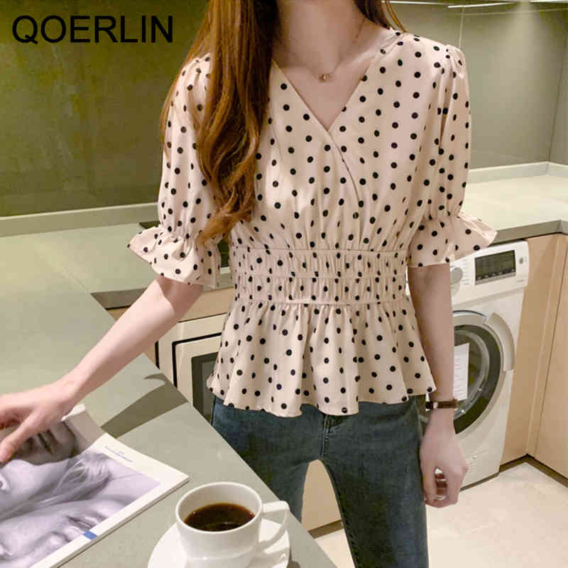 QOERLIN Vintage Polka Dot Blouse Women Summer Korean V Neck Short Sleeve Shirt Female Plus Size Flare Sleeve Top Shirts 210412
