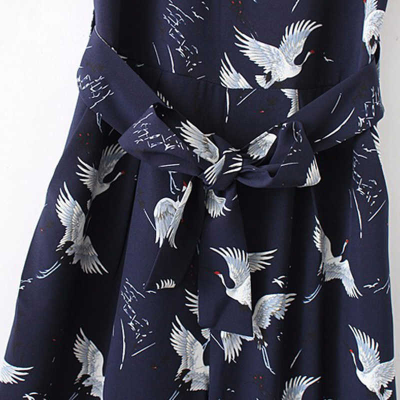 women cute crane print jumpsuit sashes pockets sleeveless pleated rompers ladies vintage casual jumpsuits 210607