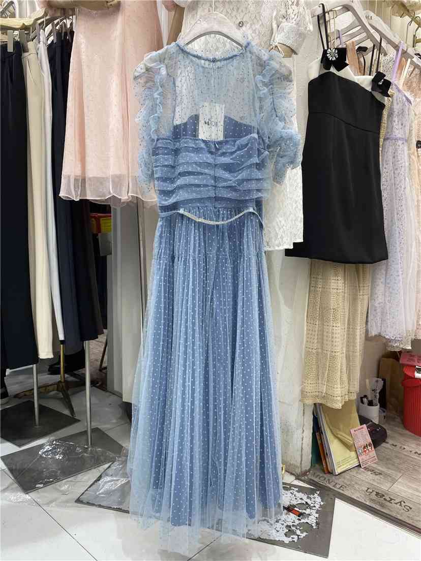 High Quality Mesh Runway Dress Summer Vintage Elegant O neck Blue Polka Dot Long es for Women With Beading Belt 210506