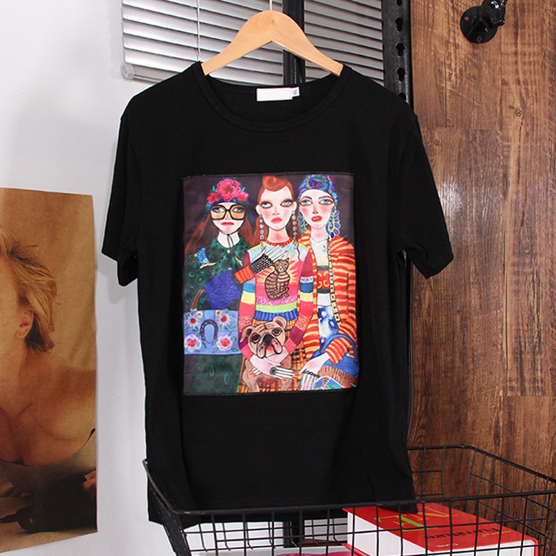 2021 summer new Harajuku style printed applique High Quality Soft cotton t-shirt womens short sleeve loose plus size lady tops, Black
2021 summer new Harajuku style printed applique High Quality Soft cotton t-shirt womens short sleeve loose plus size lady tops, Black