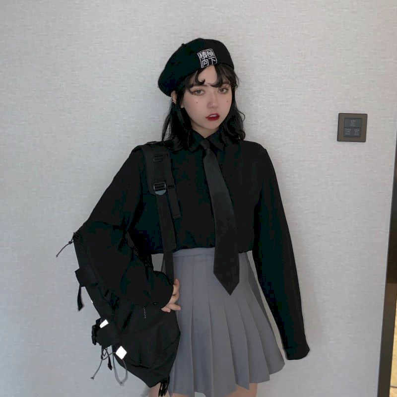 spring autumn Korean suits Hong Kong style cool shirt tie black + pleated skirt female suit punk goth sets 210526