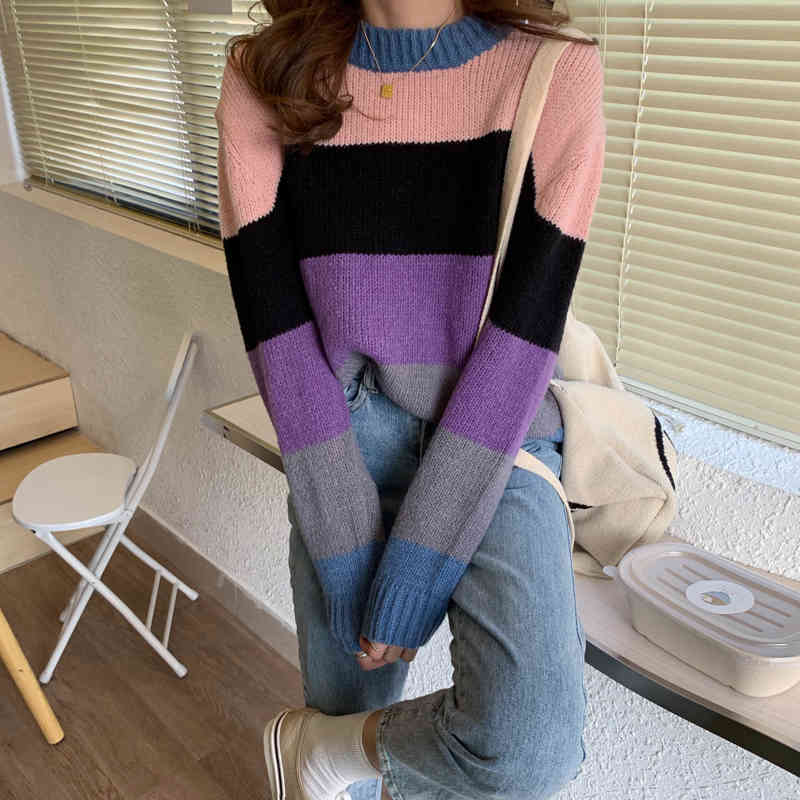 2Colors Autumn Winter Women Pullovers And Sweaters Jumper preppy style stripe thick Warm Female knitted Sweater (C8646) 210423