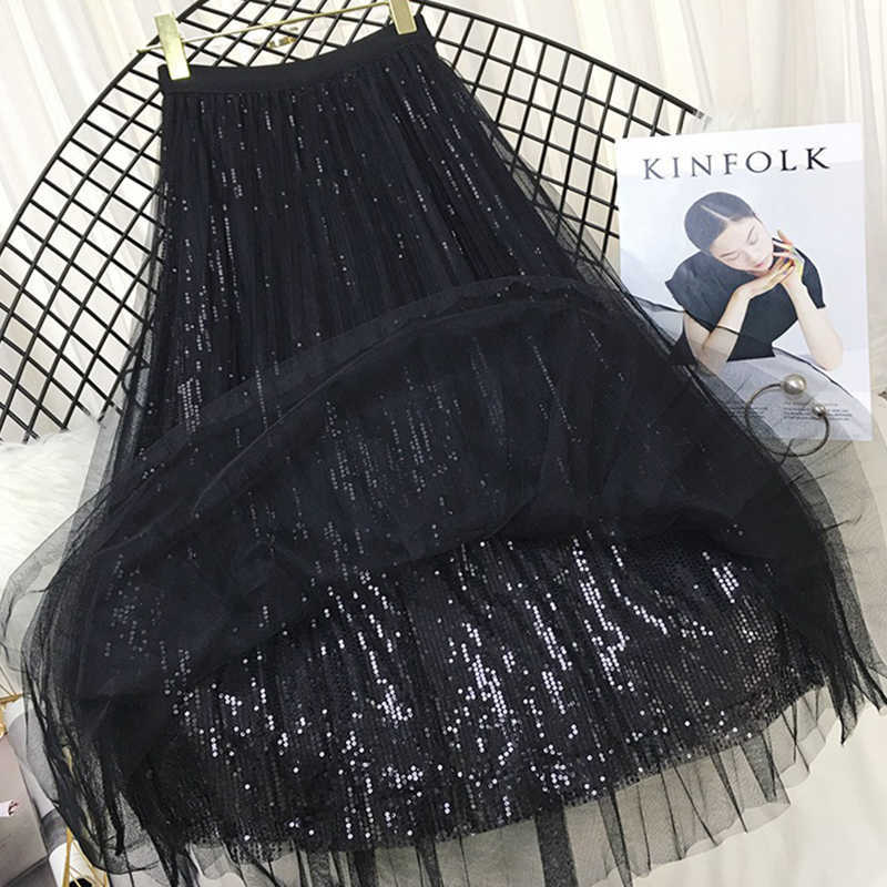 TIGENA 4 Layers Fashion Sequin Tulle Skirt Women Spring Summer Korean Long Maxi Female High Waist Pleated Pink 210621