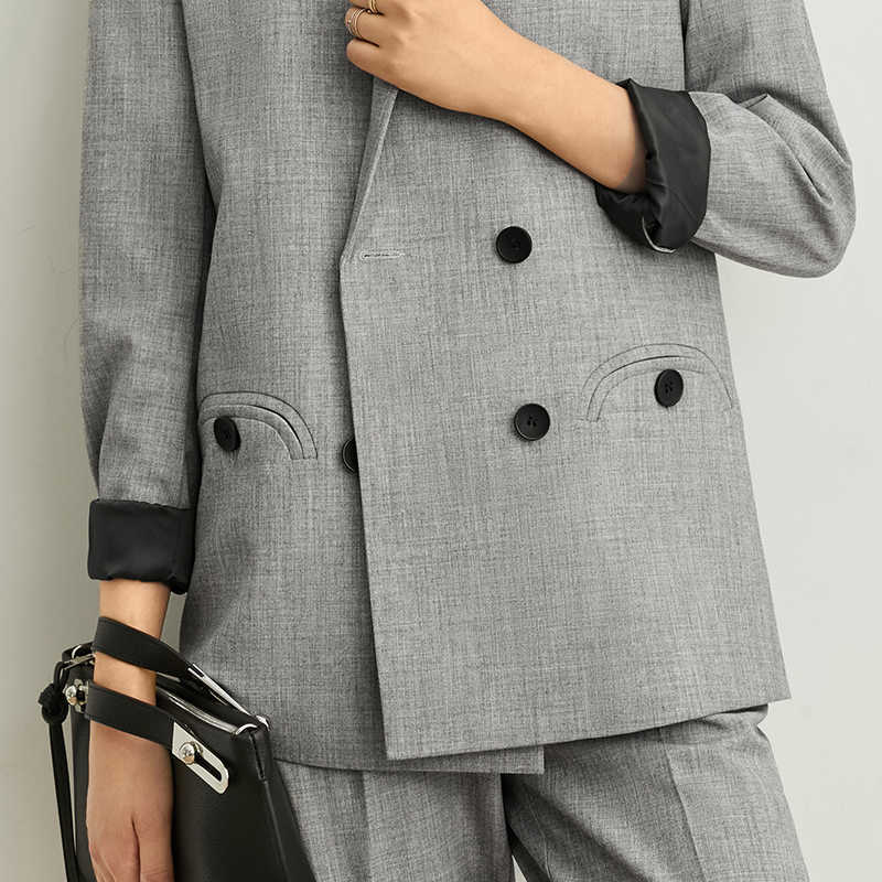 Minimalism Autumn Suit Set OLstyle Lapel Double Breasted Gray Women Coat High Waist Solid Ankel Length Pants 12070512 210527