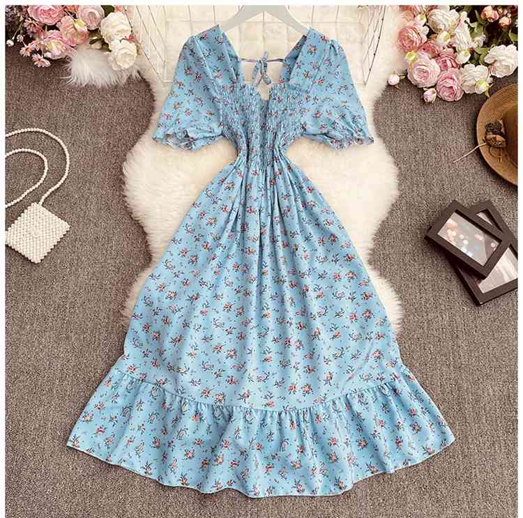 Summer Dress Women Vintage High Waist Floral Print Elegant Short Sleeve Dresses Ruffles Maxi Korean Vestidos 210519