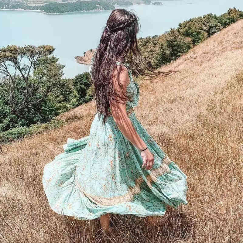 Floral print women summer dress 2 pieces set beach wrap maxi long sleeve casual holiday boho 210415