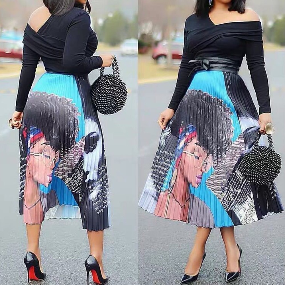 Women Fashion Girl Print Skirts Cartoon Pattern High Elasticity Pleated Midi Shirt Street A-Line Shirts Plus Size 210428
