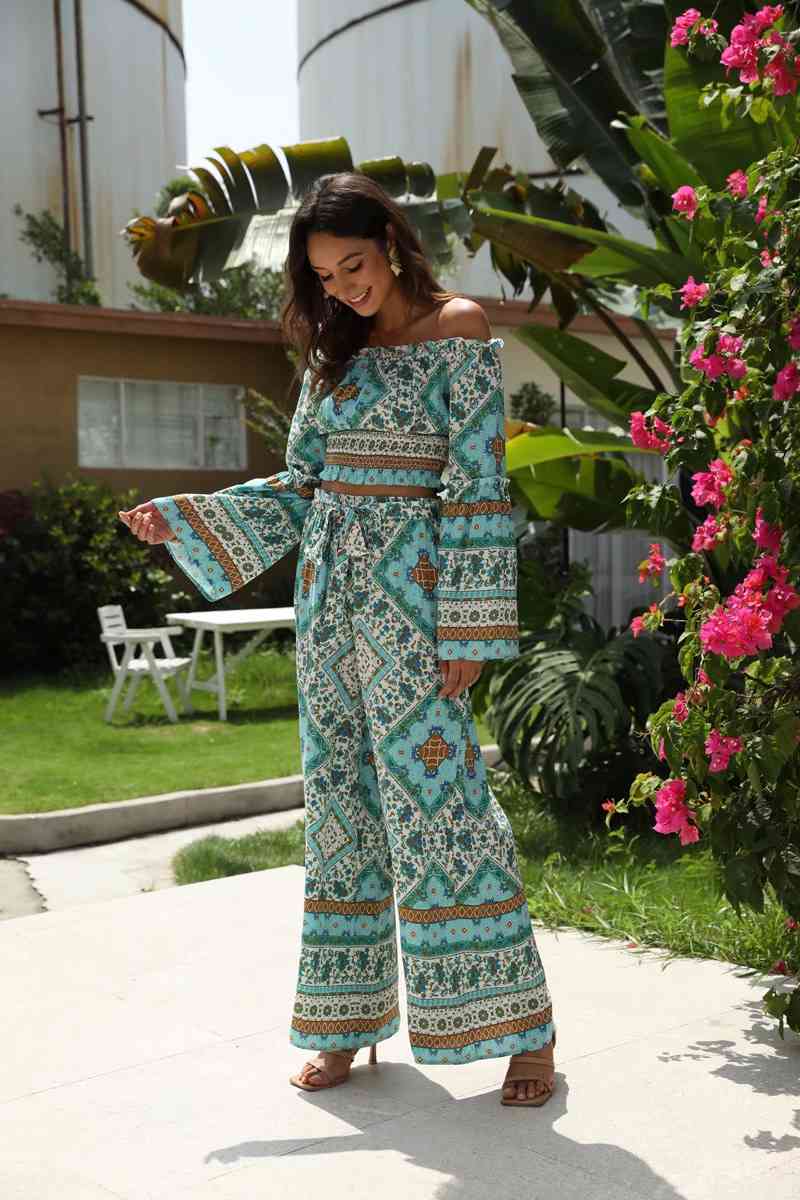 Bohemian Ruched Elastic Slash neck floral Print Pullover Shirt Holiday Women Tide Bow Waist Pants BOHO 2 Pieces Set 210429