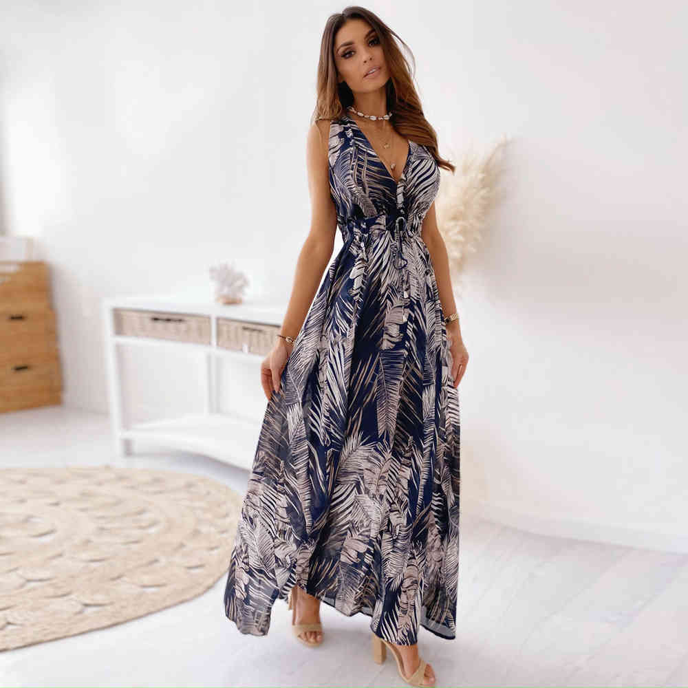 Floral Print Boho Maxi Dress Women's Sexy V Neck Sleeveless High Waist Lace Up Summer Backless Chiffon Holiday Beach Robe 210522