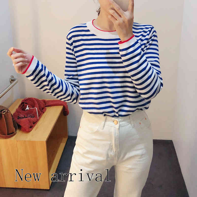 Warmsway Thin Knitted T Shirt Women Clothes Summer Woman Long Sleeve Tees Tops Striped Casual T-Shirt Female B-019 210406