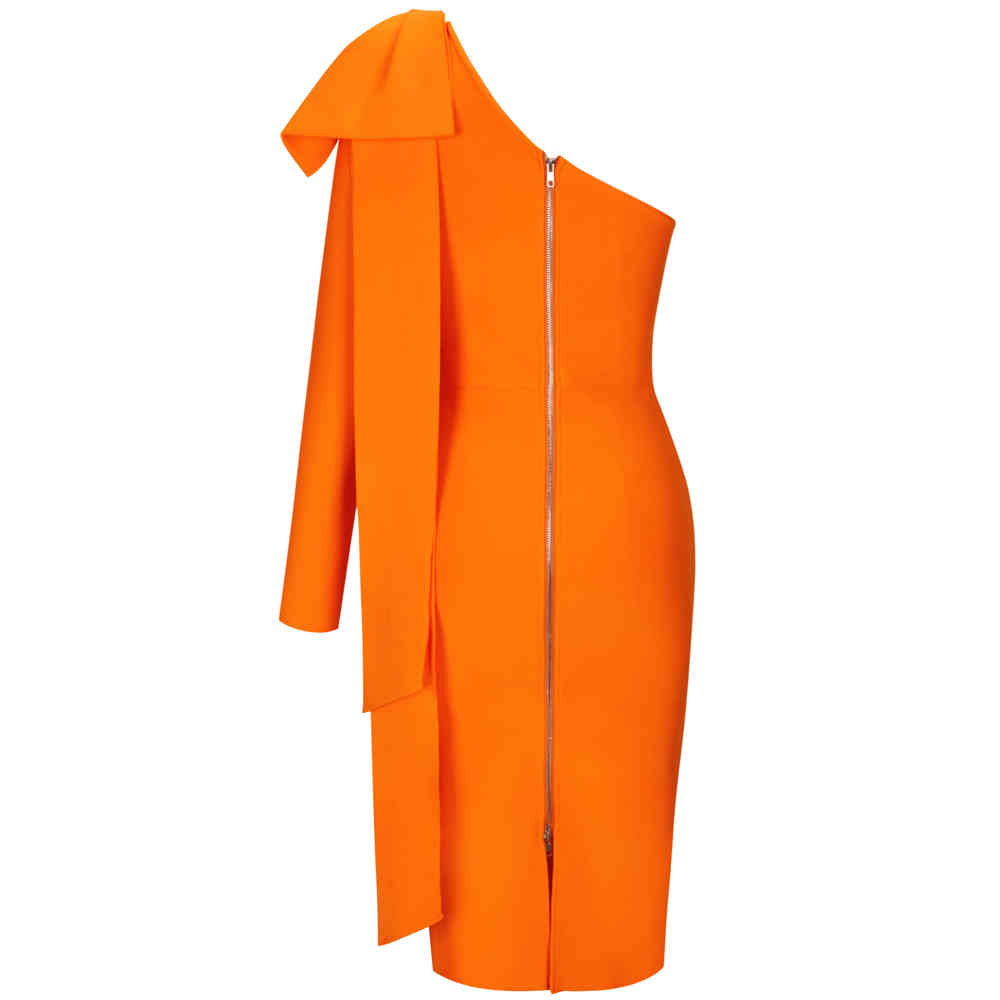 Ocstrade Runway Bownot One Sleeve Bandage Dress New Women Sexy One Shoulder Bandage Dress Bodycon Orange Club Party Dress 210329