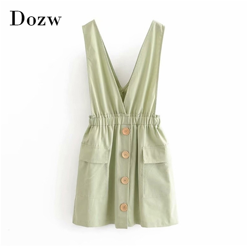 Women Solid V Neck Mini Cotton Dress Pockets Button Decorate A Line Sleeveless Backless Fashion Lady es Ropa Mujer 210515