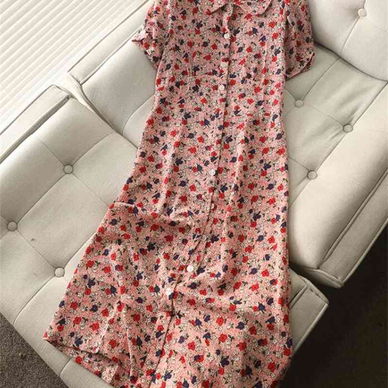 Elegant French style Women Floral Print Shirt Dress Office Ladies Single-breasted Buttons Lapel Retro Summer Dresses Vintage 210429