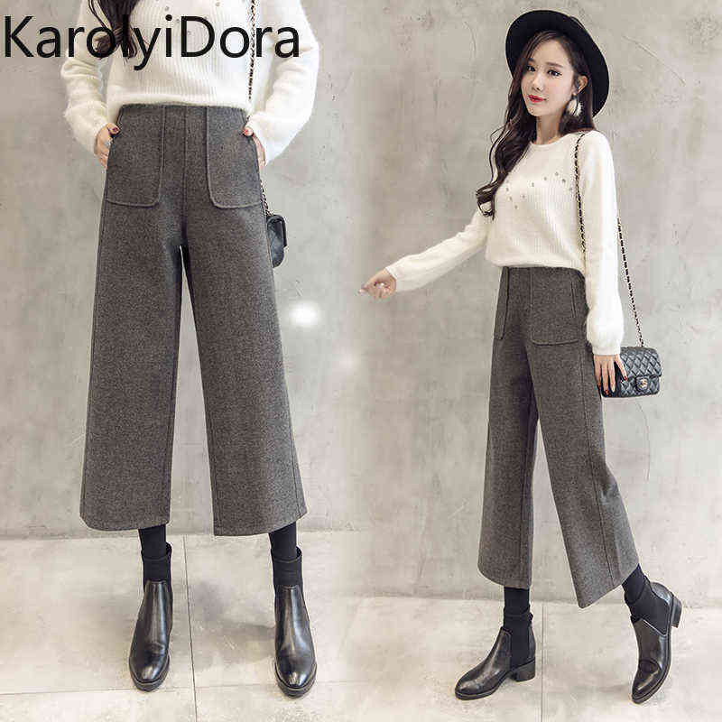 winter fashion high waist women's wool wide leg pants thick warm loose casual harem office ladies 211115