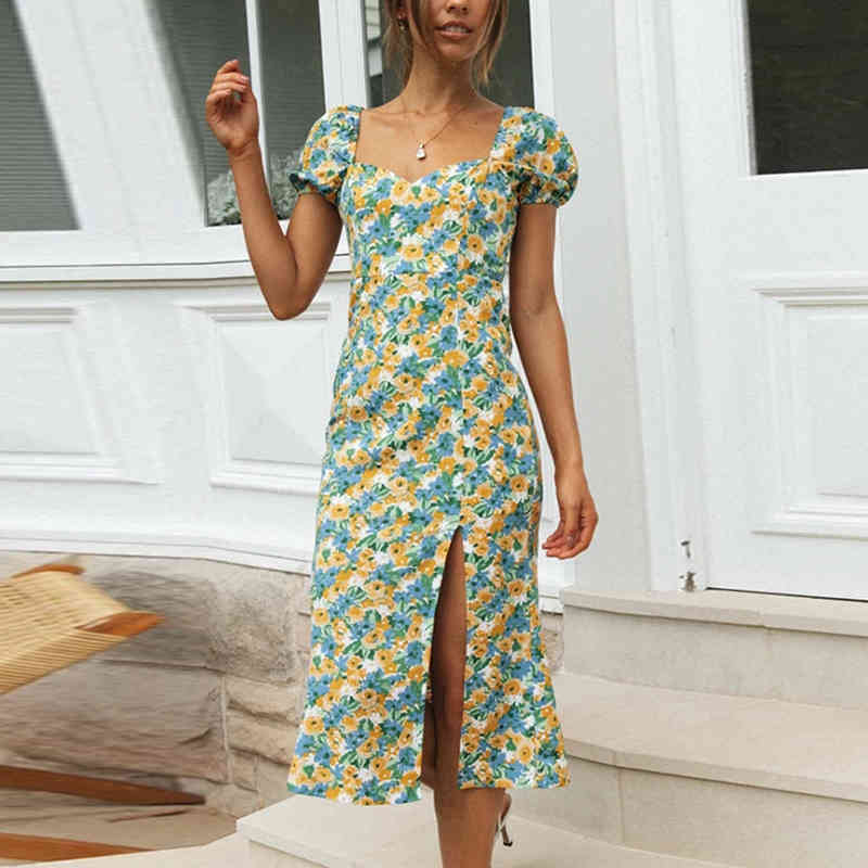 Lady Elegant Vintage Midi Dress Puff Short Sleeve Split Print Womens Dresses Boho Style Summer Party Dress Vestidos Mujer 210415