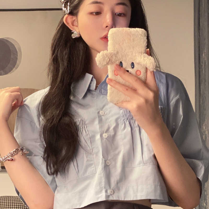 High Waist Short Women Blouse Causal Pleated Pockets Shirt Summer Sleeve Turn-down Collar Crop Tops 6G835 210603
