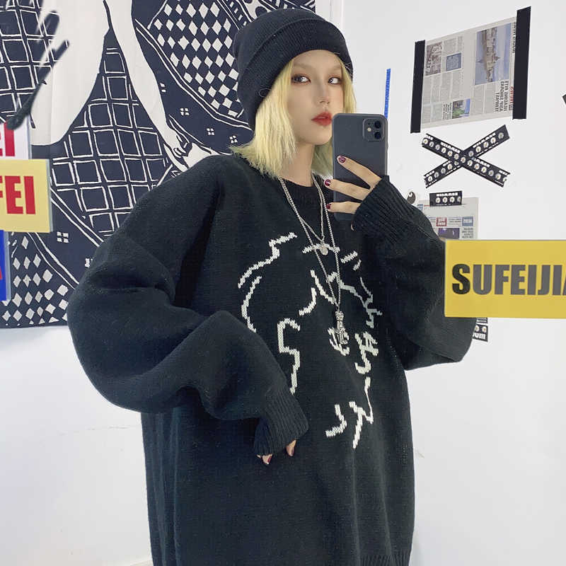 Woherb Vintage Turtleneck Pullover Sweaters for Women Harajuku Streetwear Autumn Winter Loose Cartoon Knitted Tops Jumpers 211018